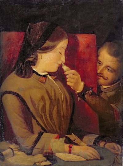 Man kietelt de neus van een vrouw met een veer, ca.1860 door Thomas Wade